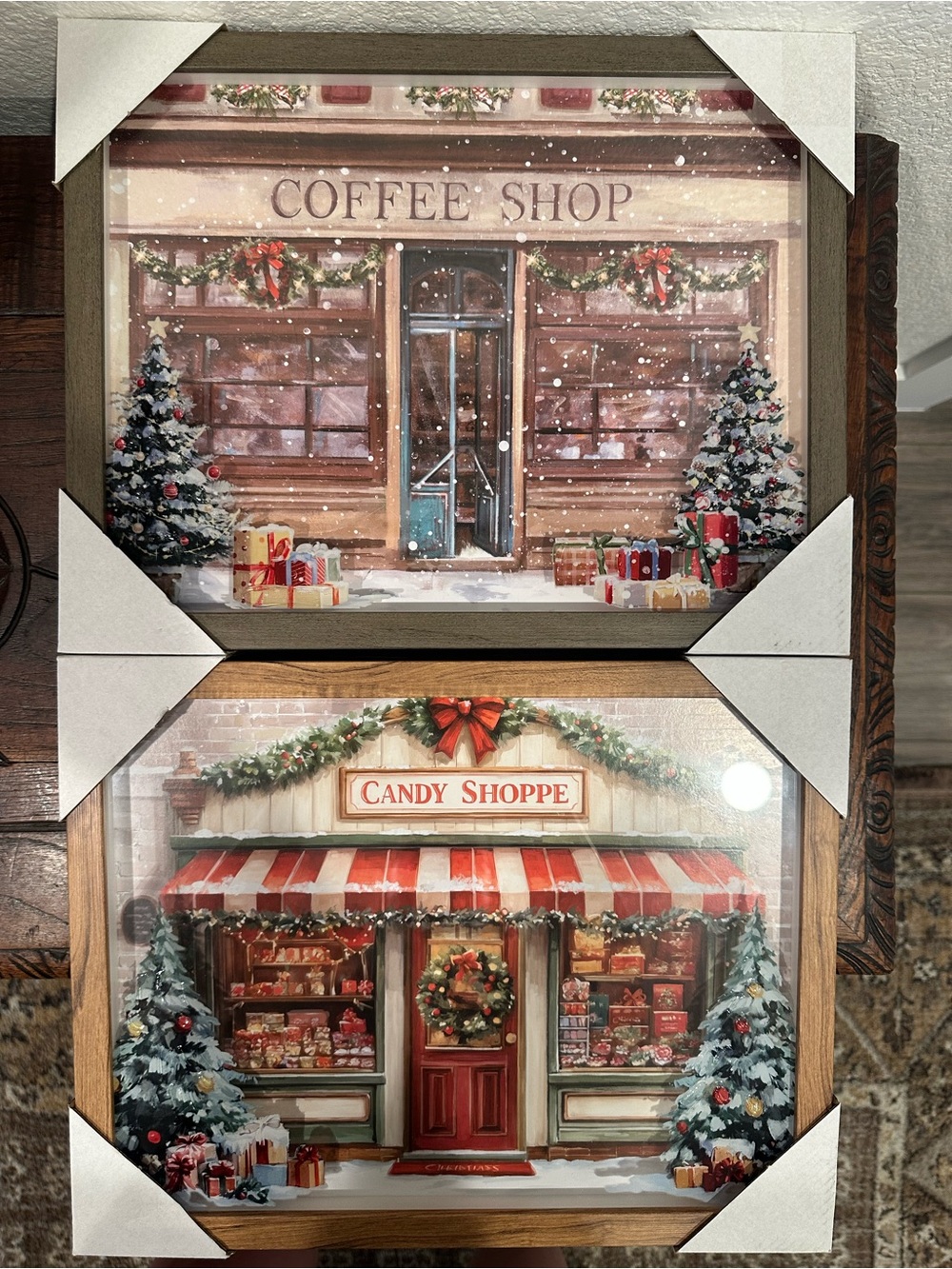 SET OF 2! Winter Coffee Shop & Christmas Candy Shop Shadow Box Wall Art Pictures